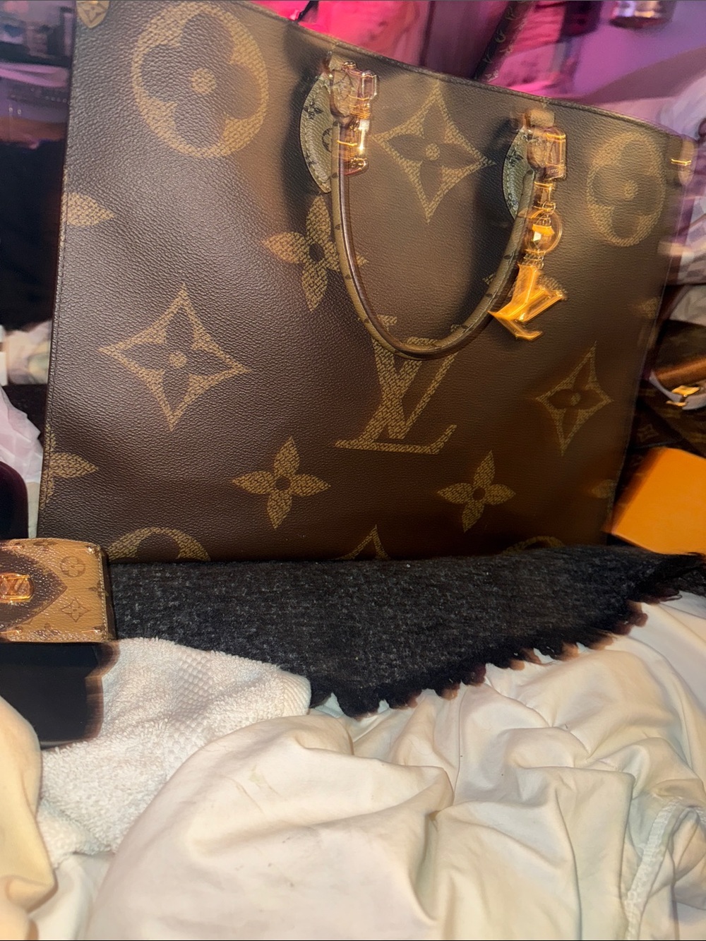 Louis Vuitton Brown Monogram Canvas Tote with Red Interior and Gold Hardware
